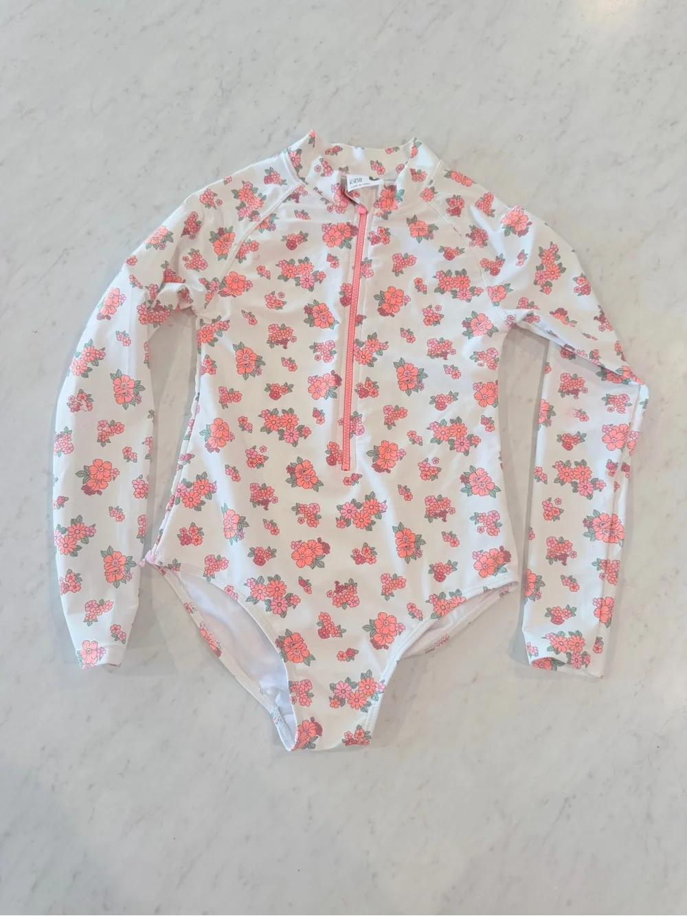 Cotton On White Long-Sleeve Floral One-Piece Swimsuit with Coral Flowers